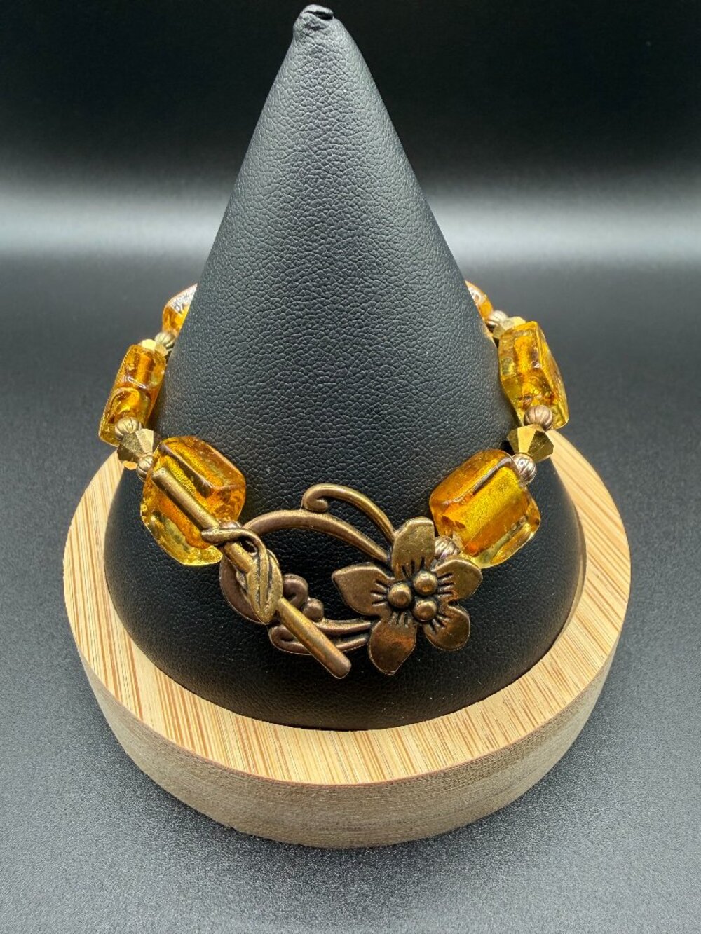 Vintage Amber Glass Bracelet with Floral Brass Toggle Clasp